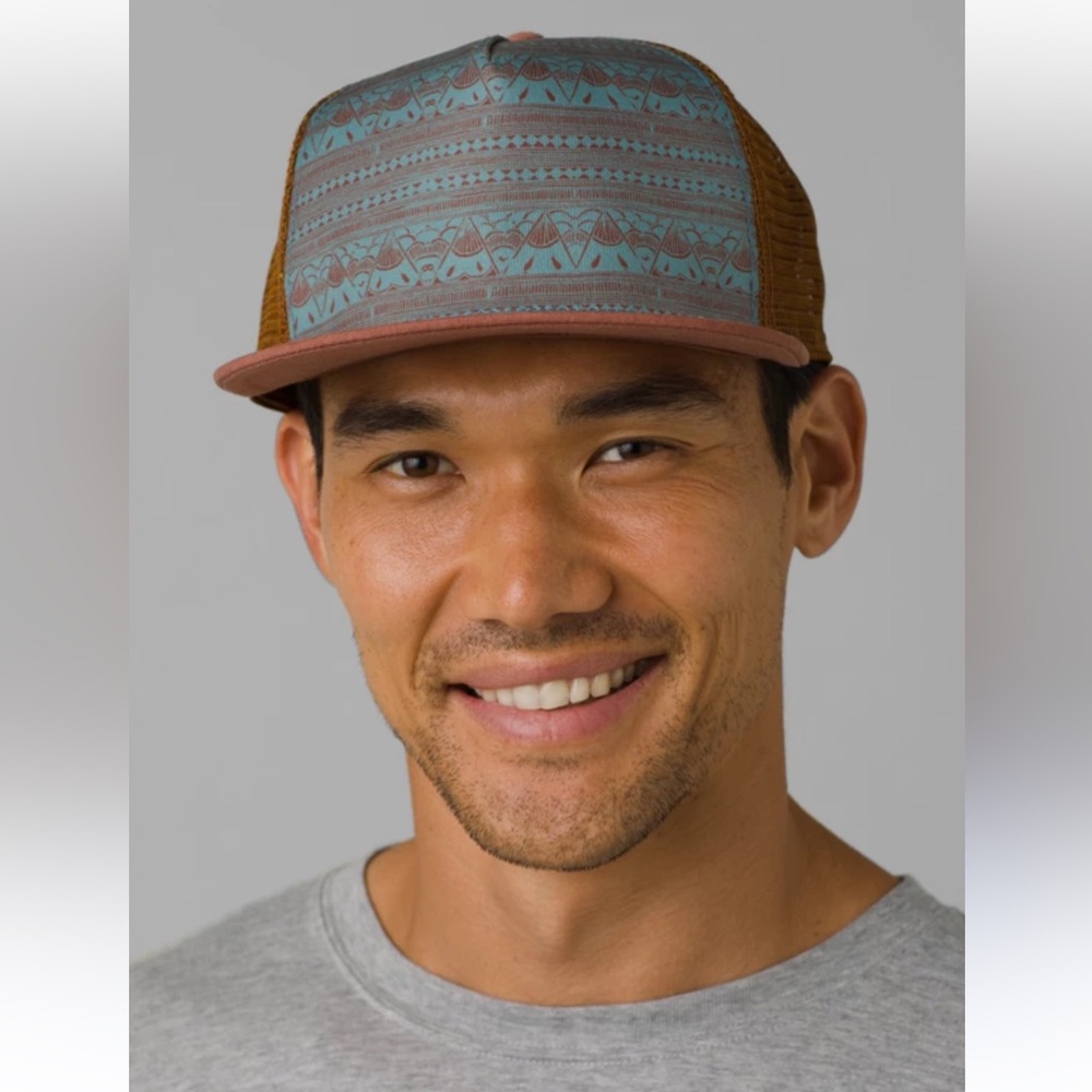 Prana Unisex Roots Studio Trucker Brown and Blue Mash Back Mountain Graphic Cap